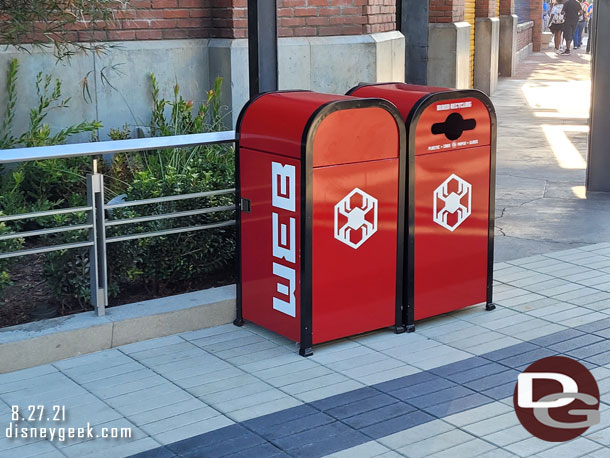 Trashcans for this area of Avengers Campus feature the WEB logo.