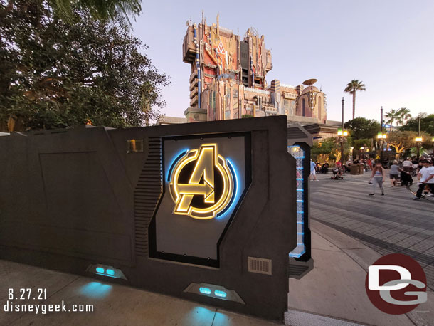 The Avengers gate with the lights on.