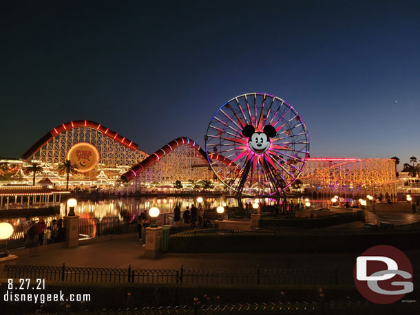 Paradise Gardens Park and beyond it Pixar Pier this evening.