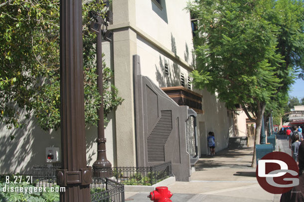 The Avengers Campus gate on the Animation Building side of the street.