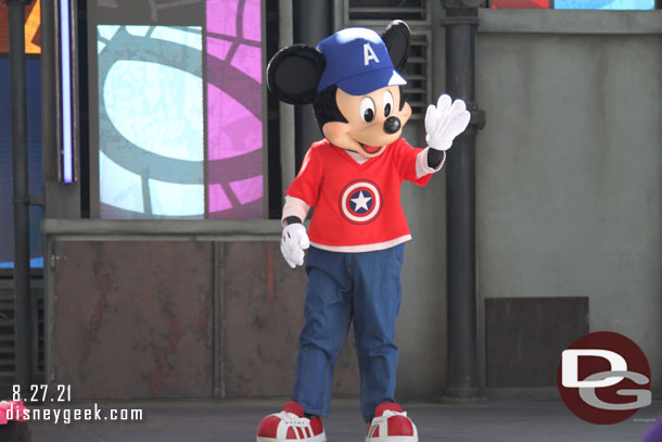 Mickey Mouse sporting his Captain America attire on the backlot stage