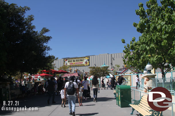 The show building for Mickey and Minnie's Runaway Railway dominates the skyline as you enter the area.