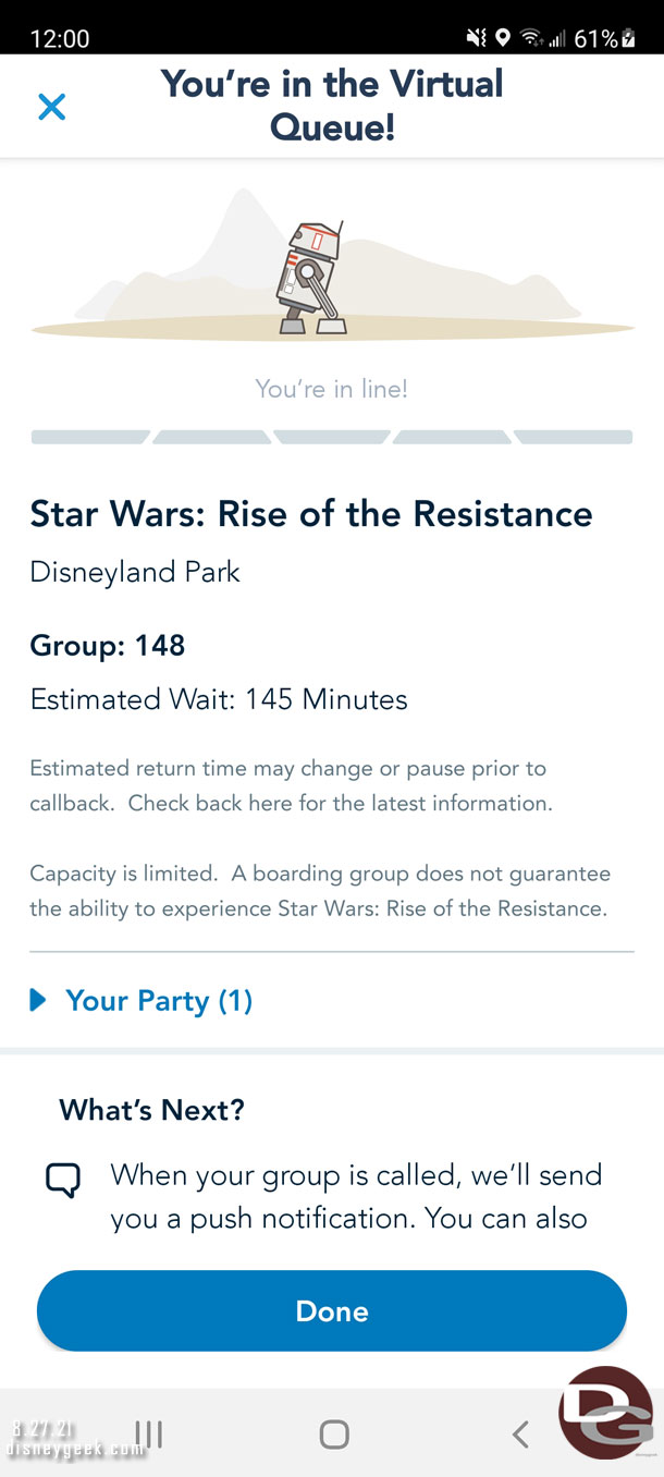 While eating I was able to pick up a boarding group for Rise of the Resistance this afternoon.