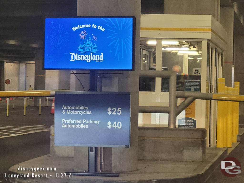 A quick note. I have not visited the Disneyland Resort since the closer in March of 2020.  So this is my first visit in 540 days.   So some things I point out are new to me but been that way for quite a while.  I arrived at the Mickey and Friends parking structure at 6:51am and choose to be second in one of the aisle (could have been first but I wanted a booth with the attendant on the drivers side).