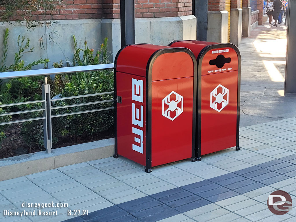 Trashcans for this area of Avengers Campus feature the WEB logo.