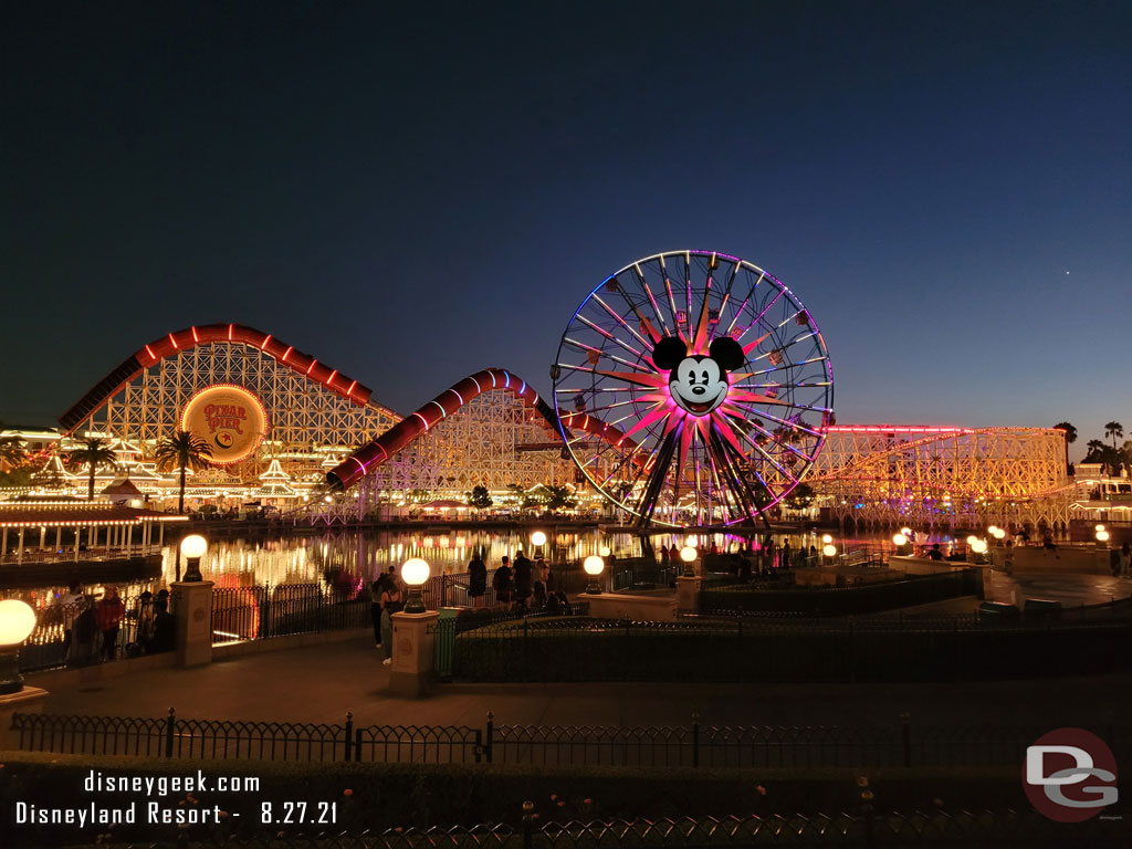 Paradise Gardens Park and beyond it Pixar Pier this evening.