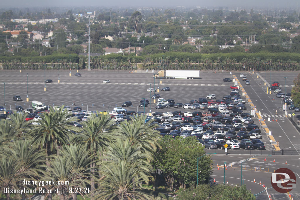 Cars filling in the Downtown Disney parking lot.