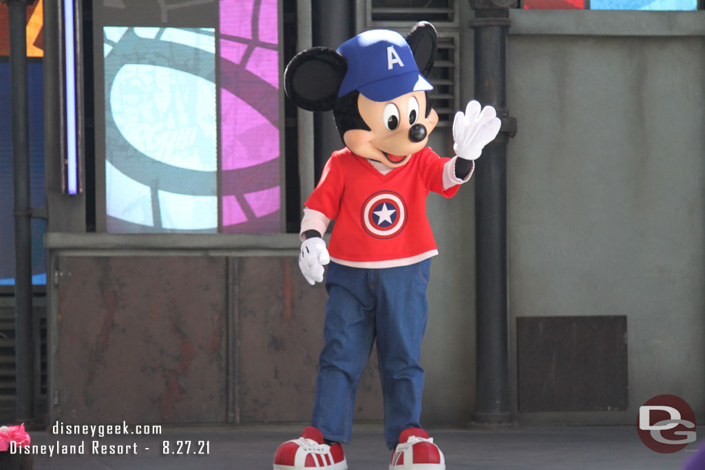 Mickey Mouse sporting his Captain America attire on the backlot stage