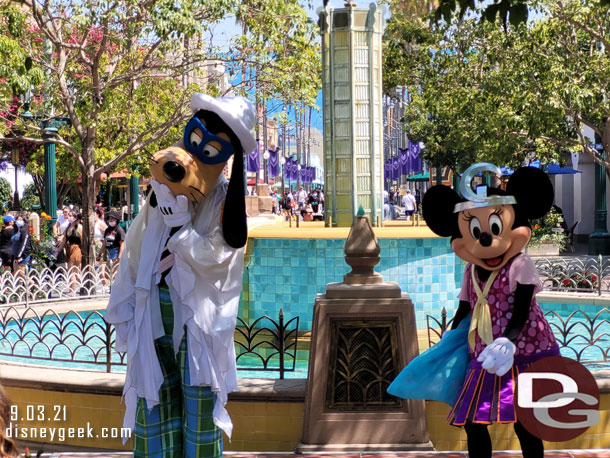 Goofy and Minnie Mouse dressed for Halloween in Carthay Circle.