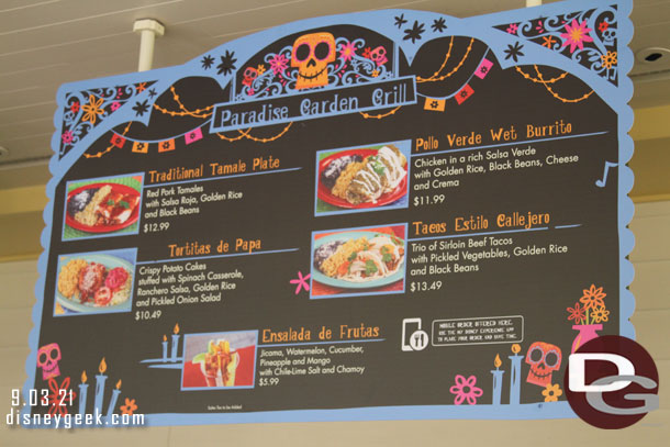 Paradise Garden Grill's current menu.