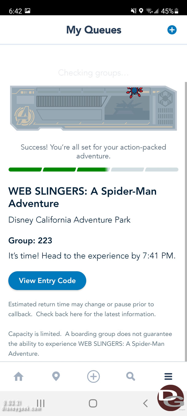 6:42pm - Time for my WEB Slingers boarding group.