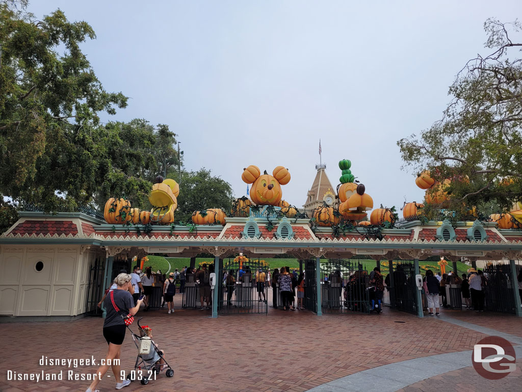 Halloween Time officially begins today at the Disneyland resort.  The entrance pumpkin characters are back.