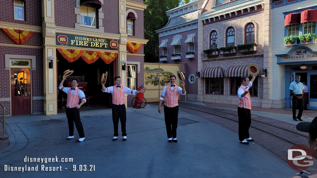 The Dapper Dans of Disneyland returned to the park today, first time since the closure.  They sport their Halloween costumes.