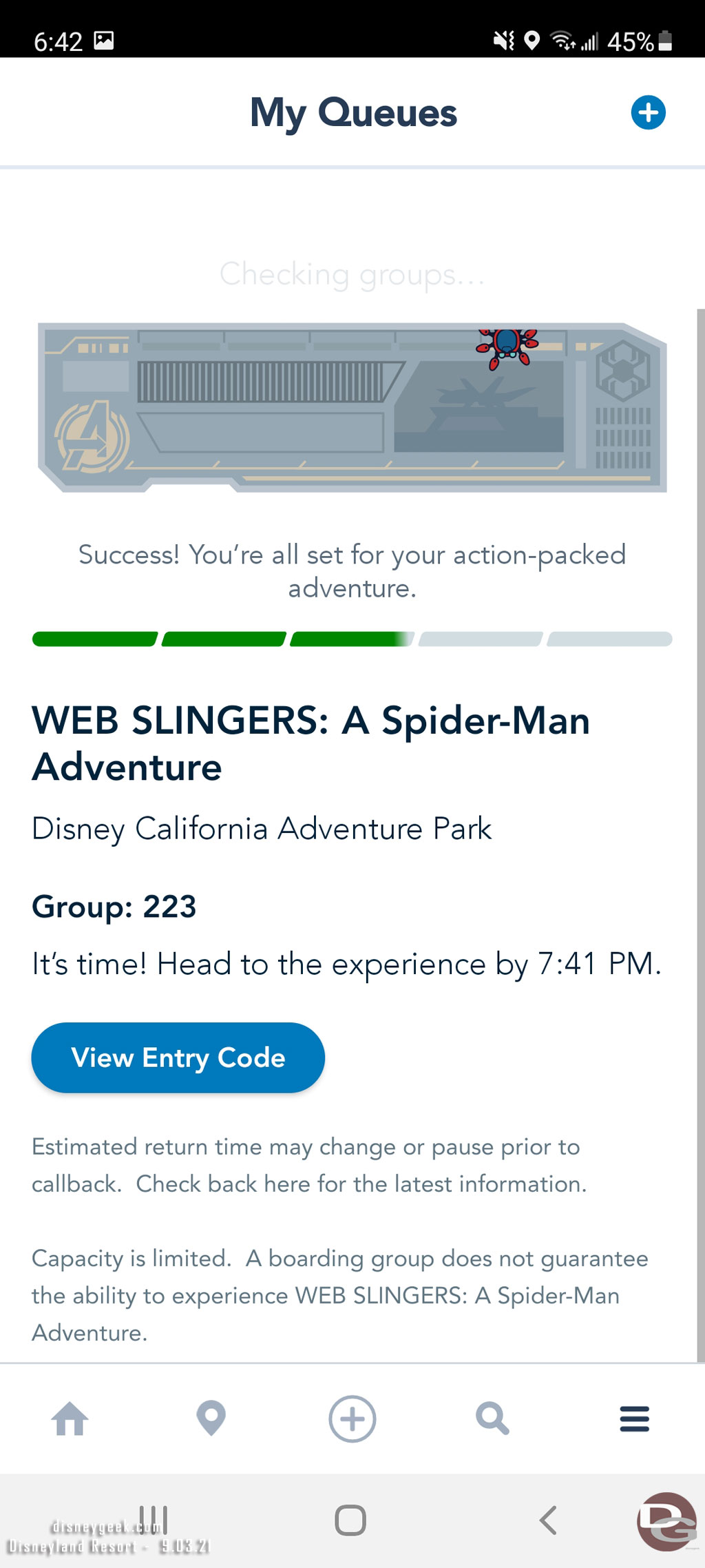 6:42pm - Time for my WEB Slingers boarding group.