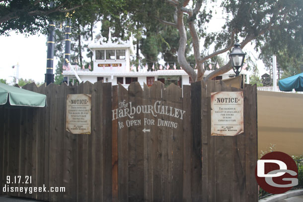 The Harbour Galley remains open though, just no seating in the immediate area, you have to take your food down by the River or to Critter Country to have a place to sit.