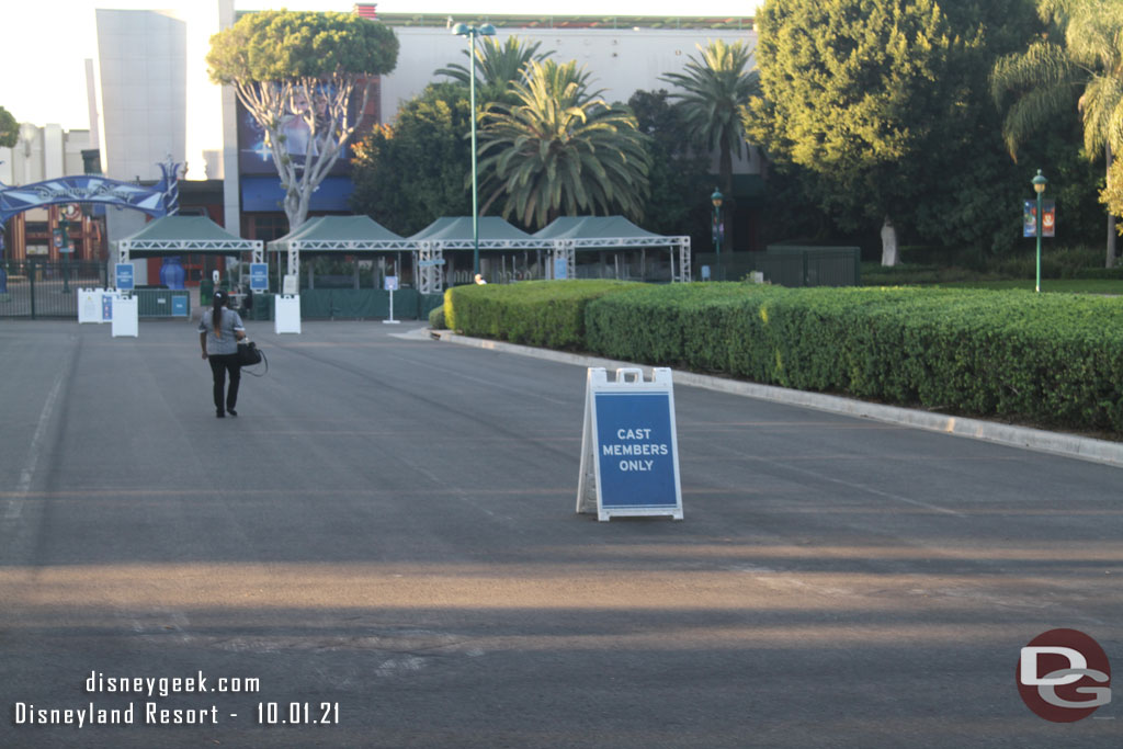 The north side security check point is cast member entrance only in the morning so you have to walk around to the west entry.  Keep that in mind when walking from the parking structures.  