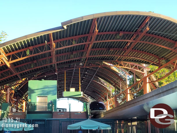 Monorail blue pulling out of the station on a pre-opening run.  Today is the first day back in operation since the parks closed in March 2020.