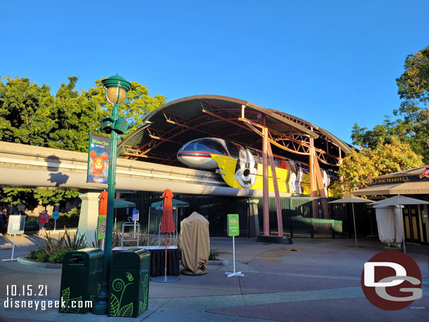 Monorail red arriving at the station.