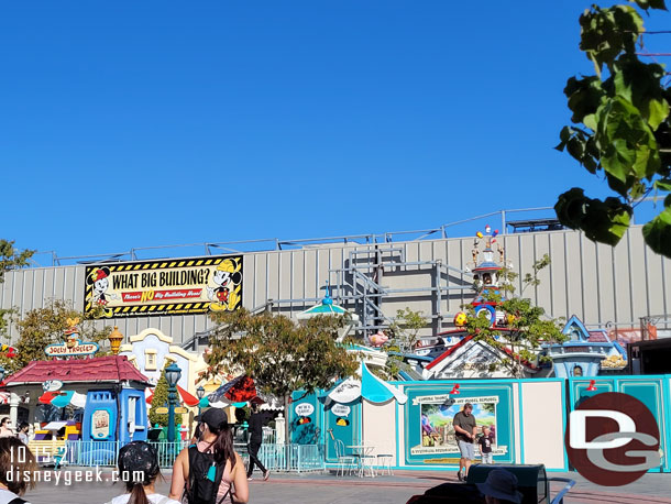 They are still working on the support steel for the facade that will hide the show building for Mickey and Minnie's Runaway Railway.