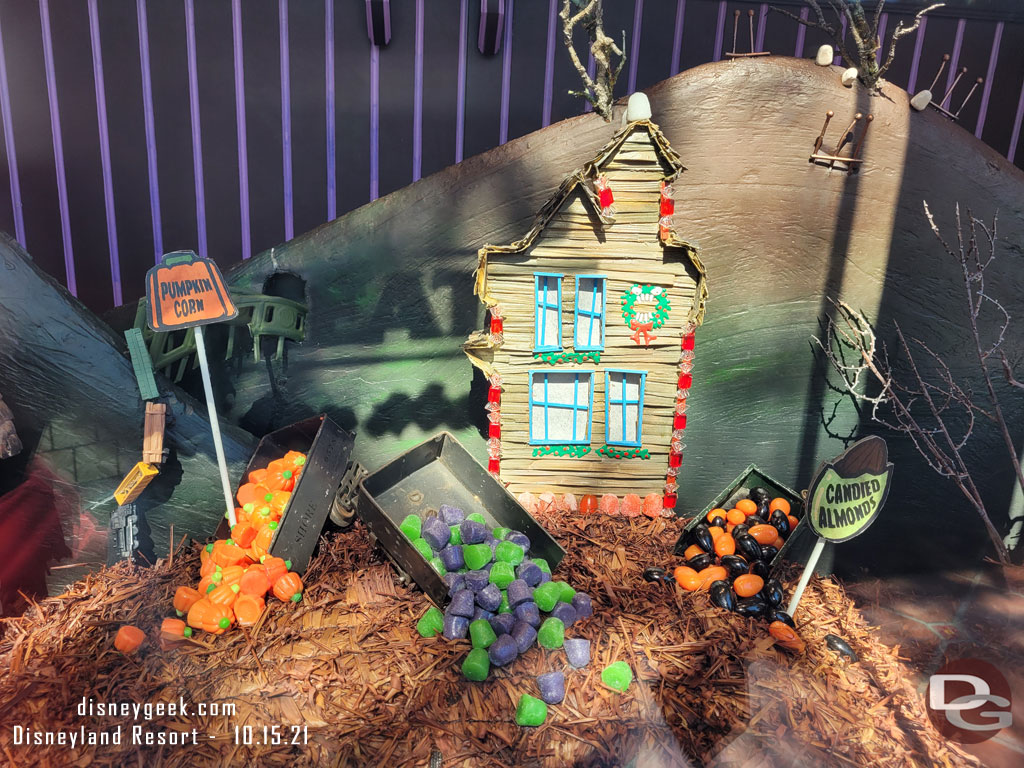 A closer look at the Halloween window of Trolley Treats on Buena Vista Street