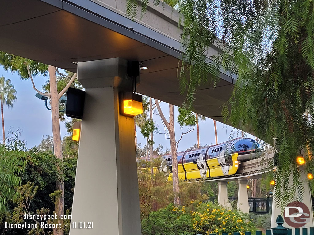 Monorail Red and Blue were making the rounds this morning, no guests on board yet.