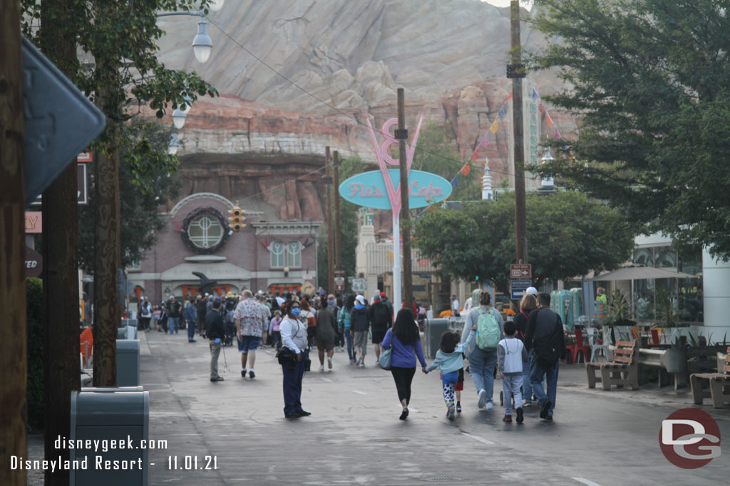 8:04am making my way to Cars Land.  A majority of those queued up walked quickly toward Radiator Springs Racers.