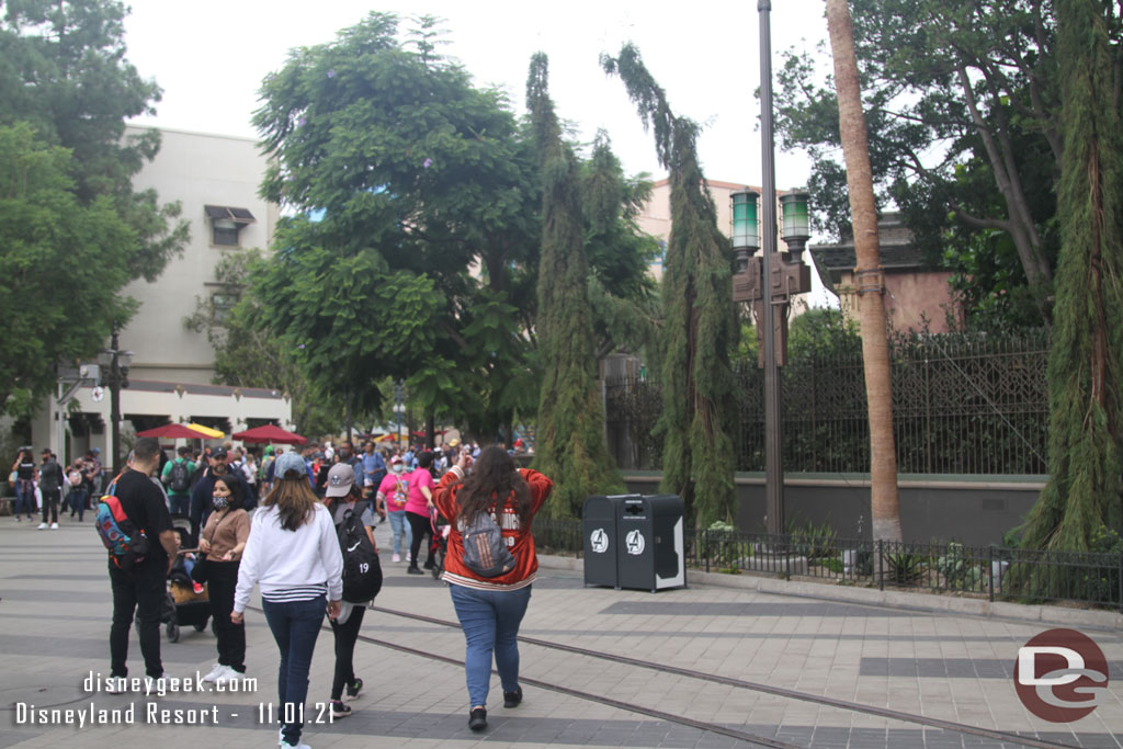 The tables that were set up to the right in Avengers Campus were removed several weeks ago. Wonder if the Red Car will be returning any time soon.