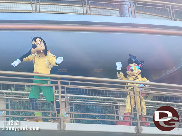 Goofy and Max in their Powerline costumes in Tomorrowland this morning.