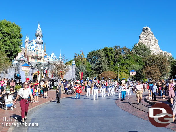 Mickey Mouse and Minnie Mouse with the Disneyland Band. They were wearing their new winter outfits.