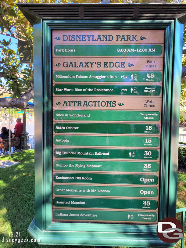 Disneyland wait times at 12:15pm