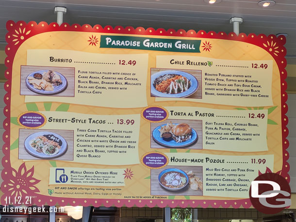 Paradise Garden Grill Festival menu.