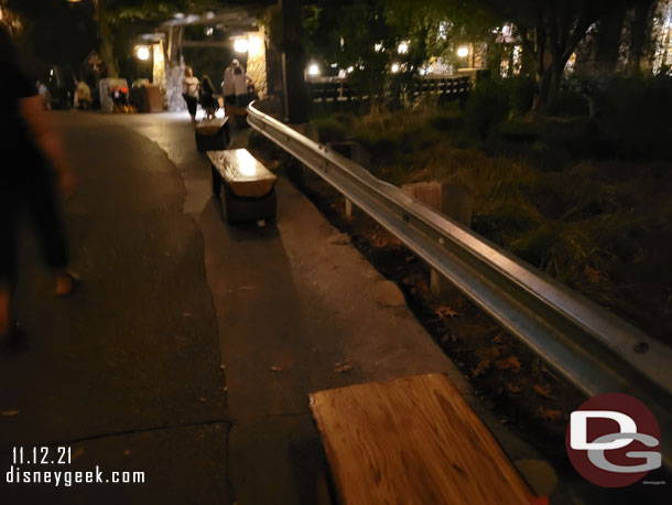 Benches are back long the walkway.