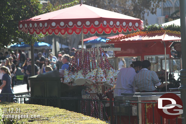 White Christmas tree popcorn buckets were available and causing long lines at the stands that offered them.