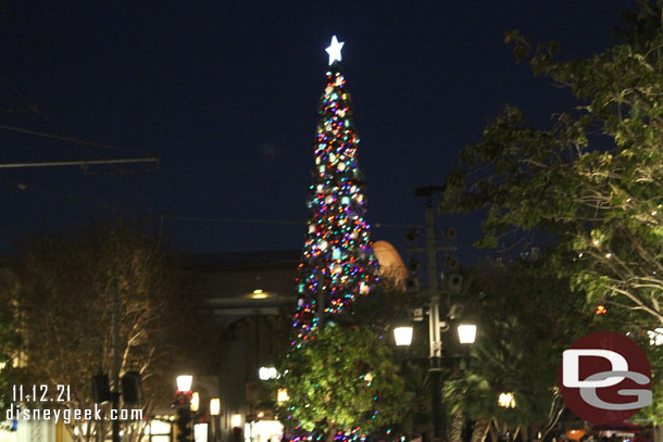 Buena Vista Street Christmas Tree at night.