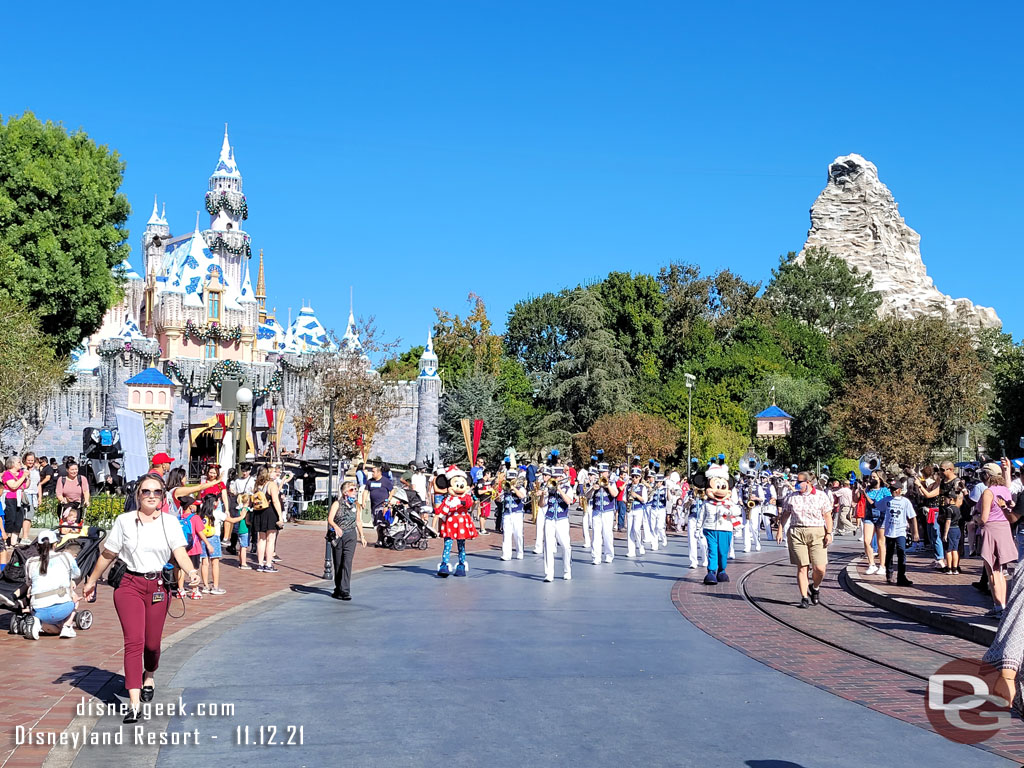 Mickey Mouse and Minnie Mouse with the Disneyland Band. They were wearing their new winter outfits.