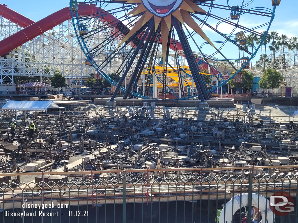 Renovation work continues for World of Color.  A number of people working this afternoon.