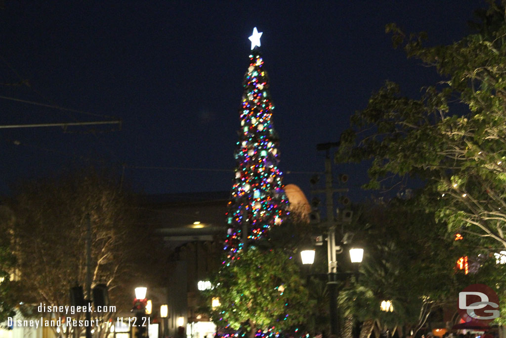 Buena Vista Street Christmas Tree at night.