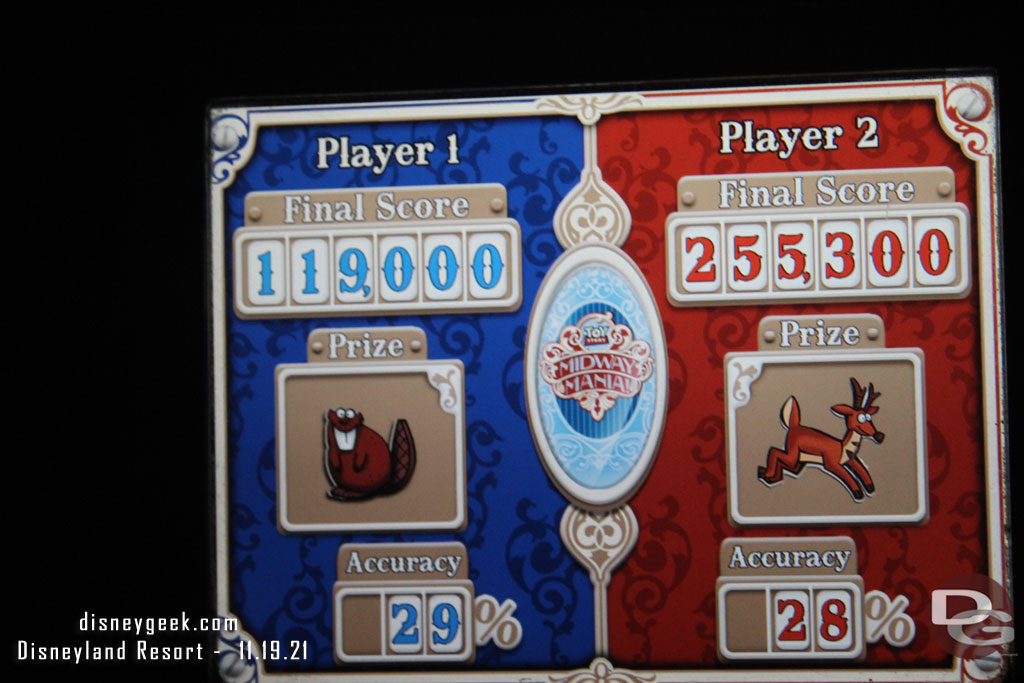 My score (the red one) this morning on Toy Story Midway Mania.