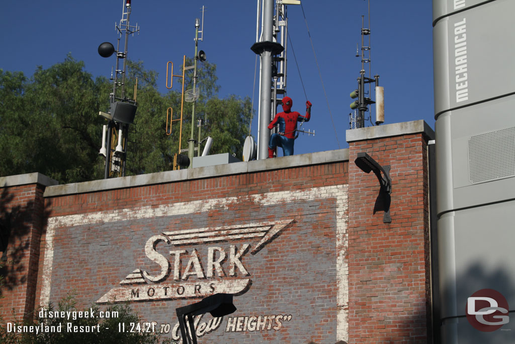 2:15pm Spider-Man show.  He entered from the left this show, all previous ones I have seen he started down on the right near WEB Supplies.