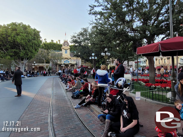 Guests lined up for the 4:30 parade and the area in front of the train station is reserved.