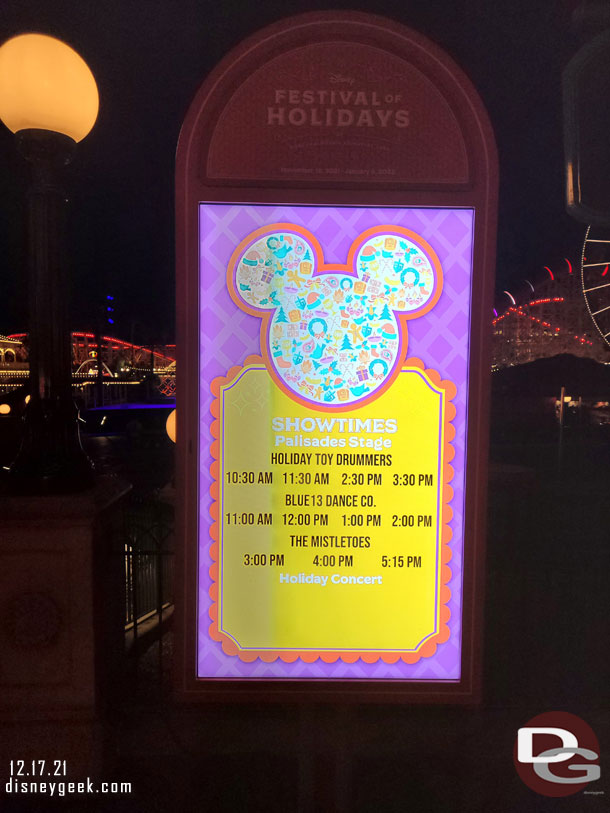 No Holiday Concert this evening.  Phat Cat Swinger was listed on t he website, but today the show times dropped off the app and nothing on the sign.