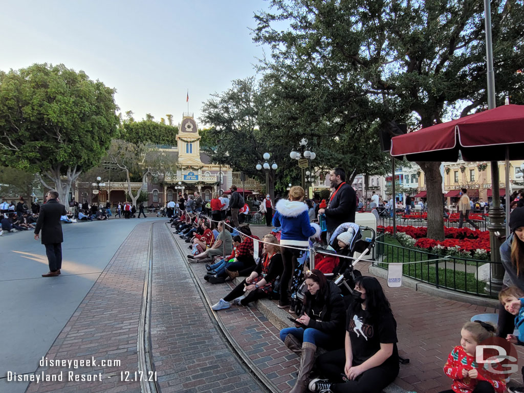 Guests lined up for the 4:30 parade and the area in front of the train station is reserved.