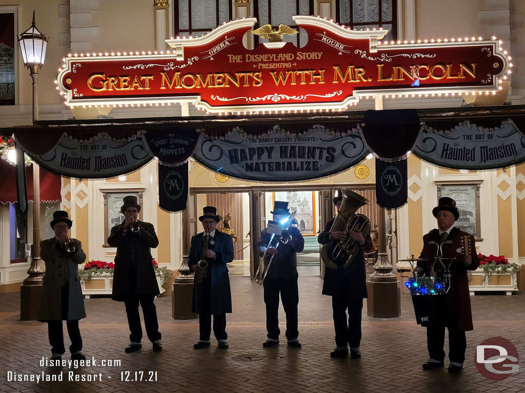 The Dickens Yuletide Band performing in front of the Opera House