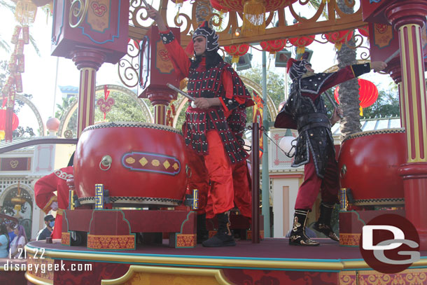 Drummers on the float with Mulan and Mushu