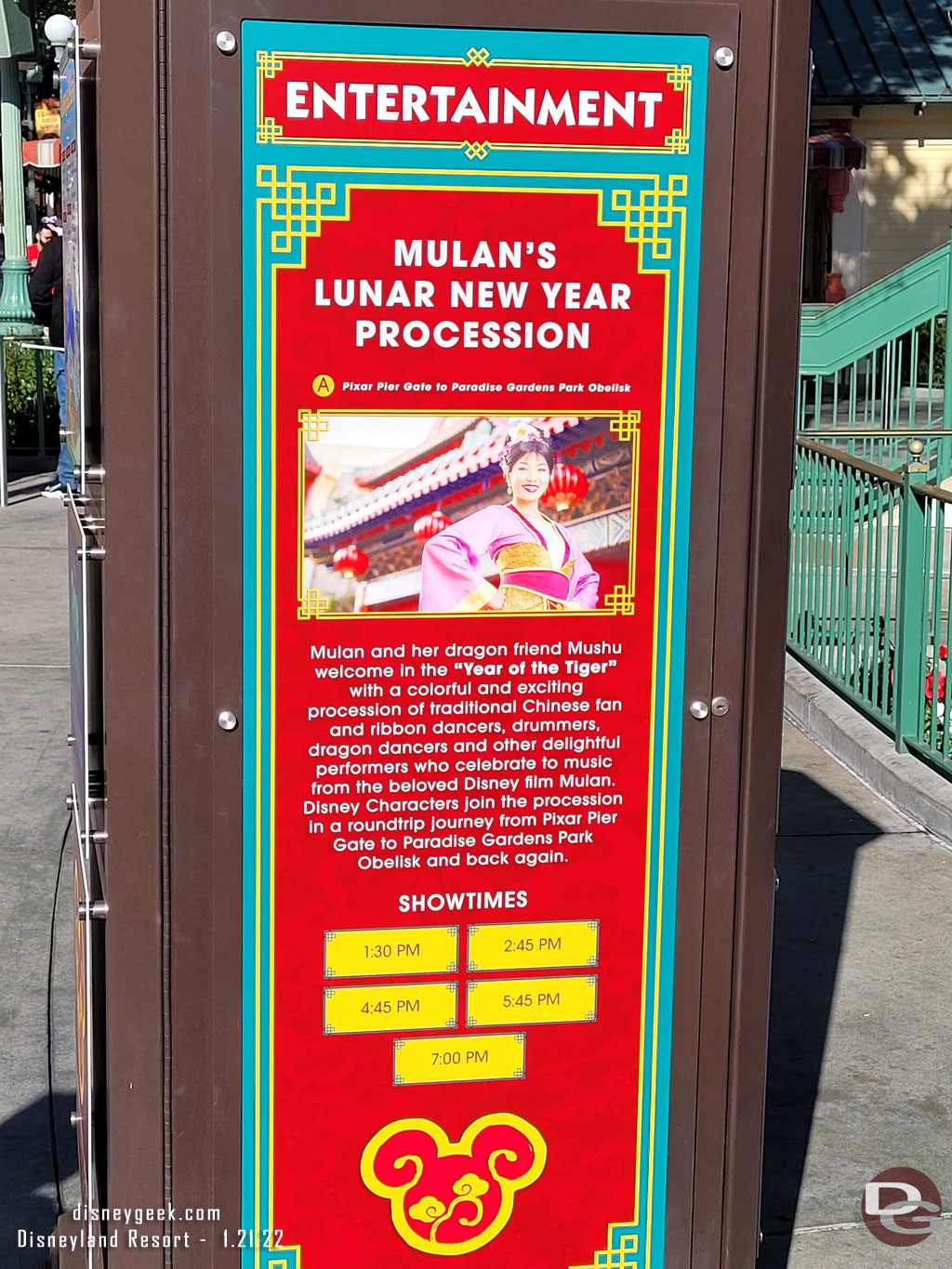 A sign with show times for the procession. Notice there are a couple after dark.