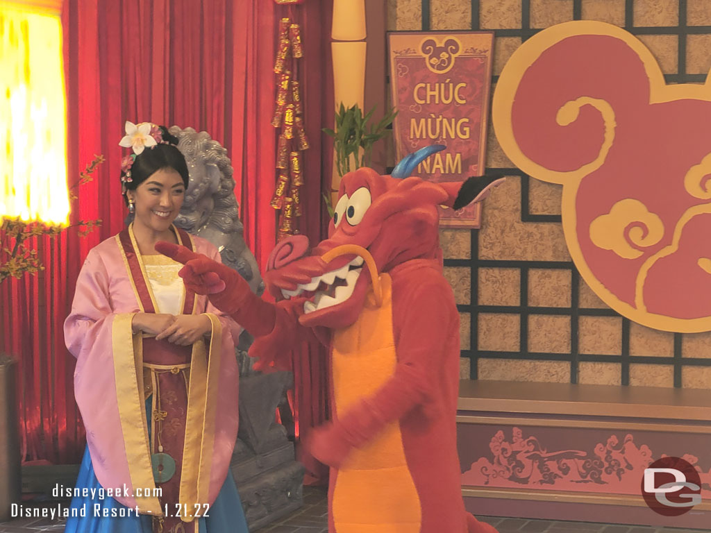 Mulan and Mushu were greeting guests in Paradise Gardens when I walked by.