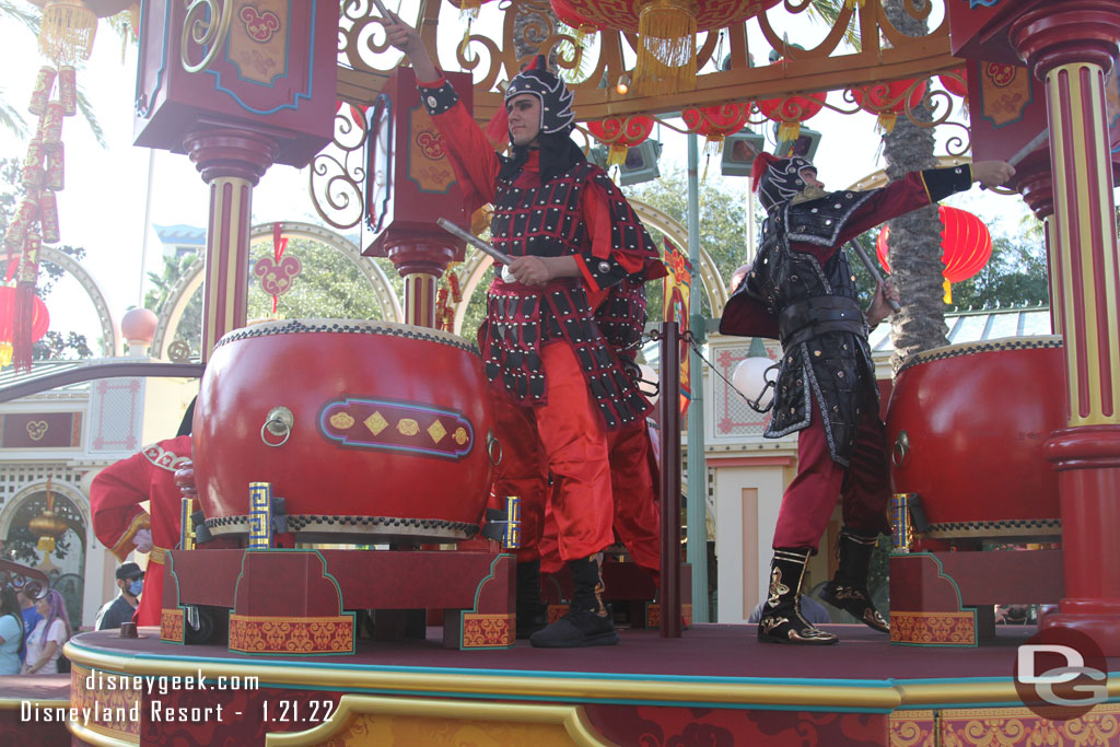 Drummers on the float with Mulan and Mushu