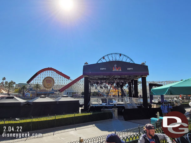 The stage is in the fountain area in the middle, not down by the water.  Lines up so Mickey is directly behind them it appears.