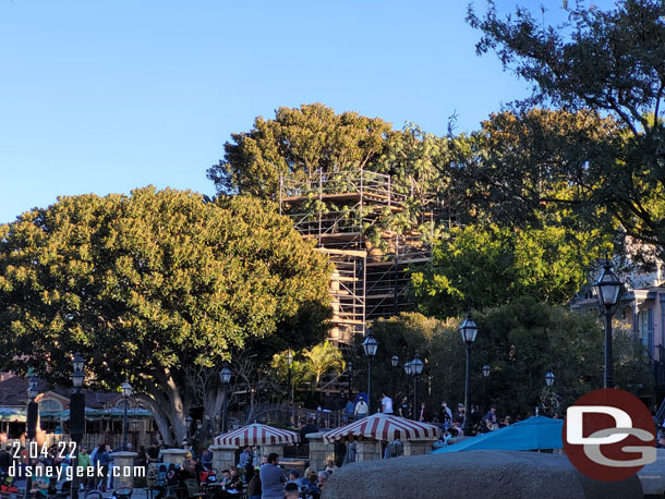 The scrims were removed from the Tree House, assuming due to wind.  Hard to see any progress still.