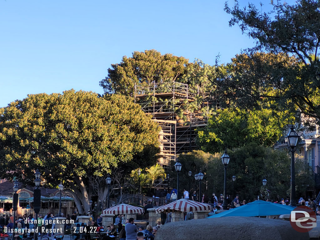 The scrims were removed from the Tree House, assuming due to wind.  Hard to see any progress still.